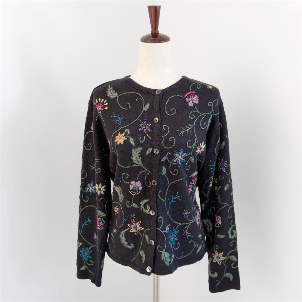 Vintage Talbots Floral Embroidered Beaded Cardigan Sweater Size PL Cottagecore
